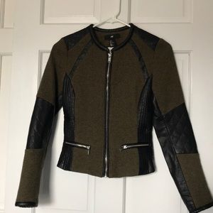 H&M green tweed jacket with black faux leather s2